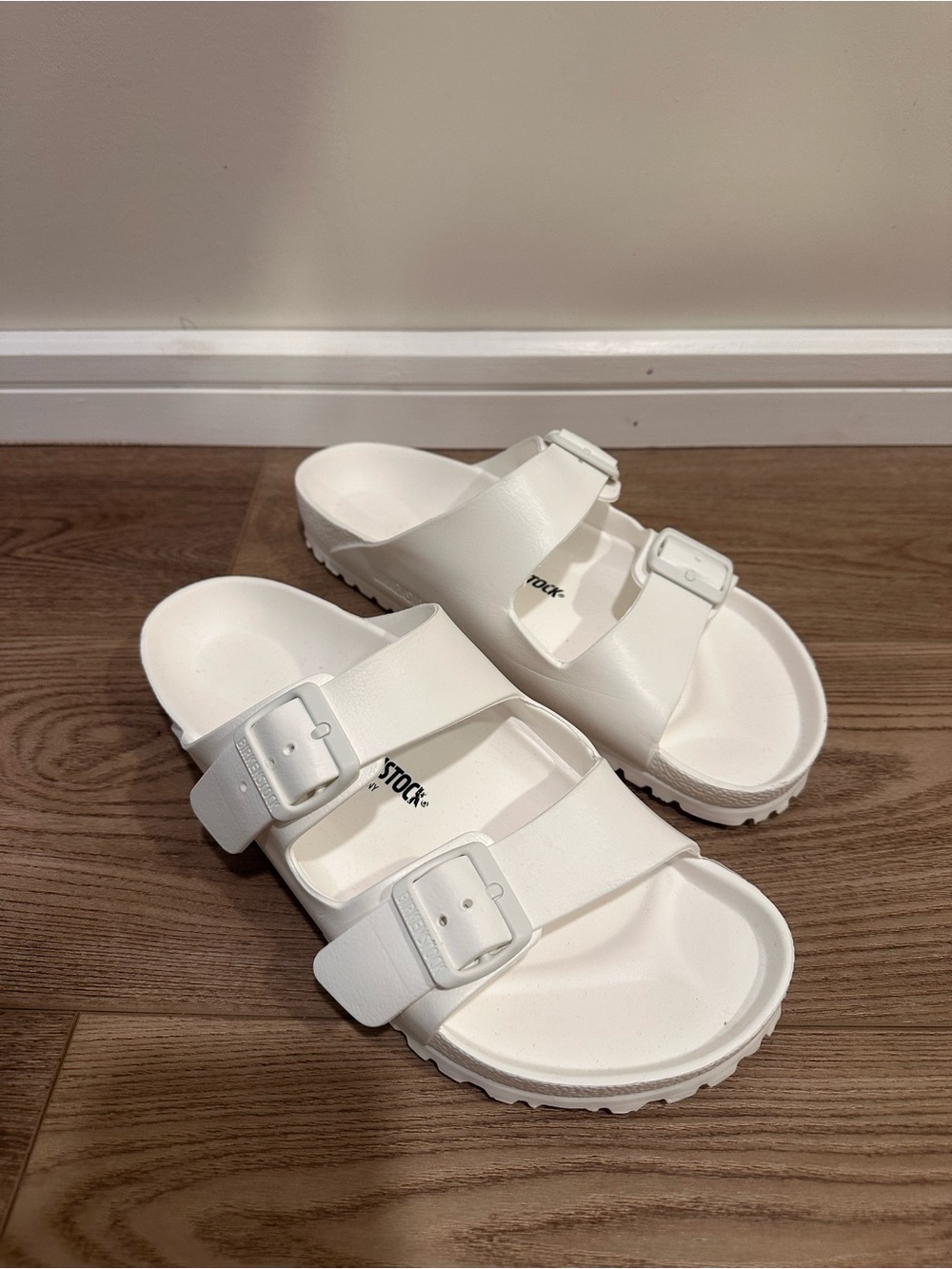White Birkenstock Double-Buckle Slide Sandals